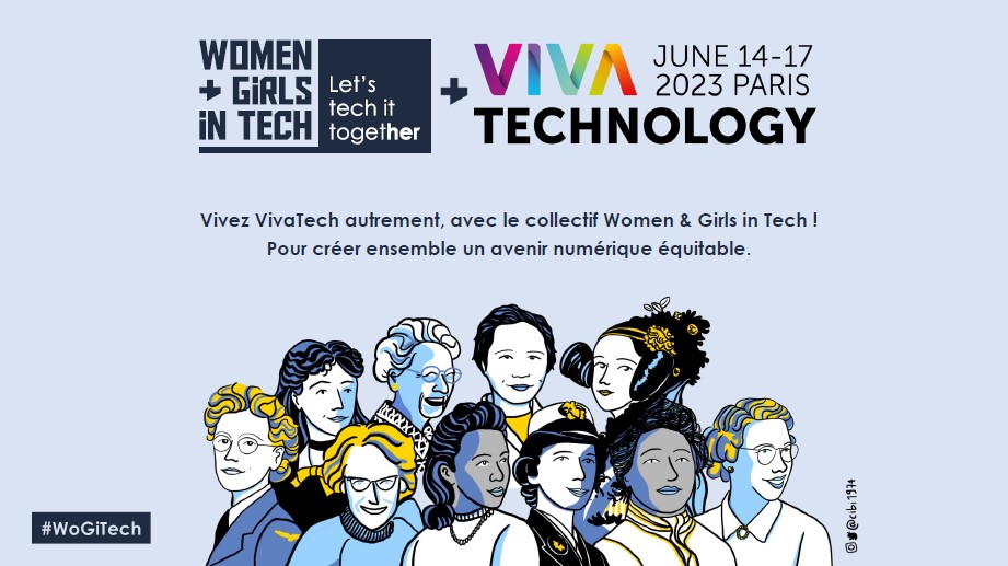 Portraits de roles models féminins de la tech représentant la présence à Viva Technology, du 14 au 17 juin, du collectif WoGiTech. "Vivez Viva*Tech autrement avec le collectif Women & Girls in Tech ! Pour créer ensemble un avenir numérique équitable."